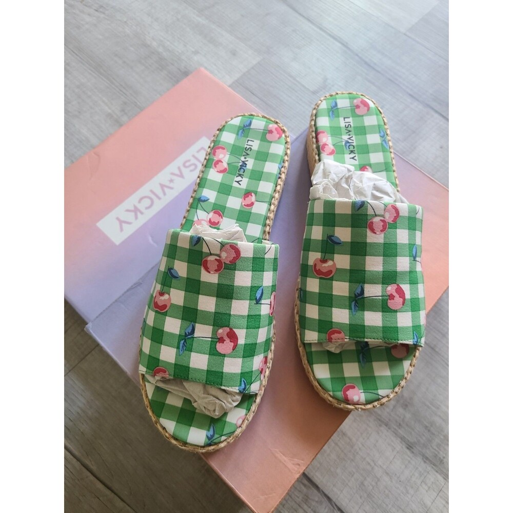 Lisa Vicky Cherry Gingham Slides Womens Size 9.5 M Green Fabric Platform Sandals